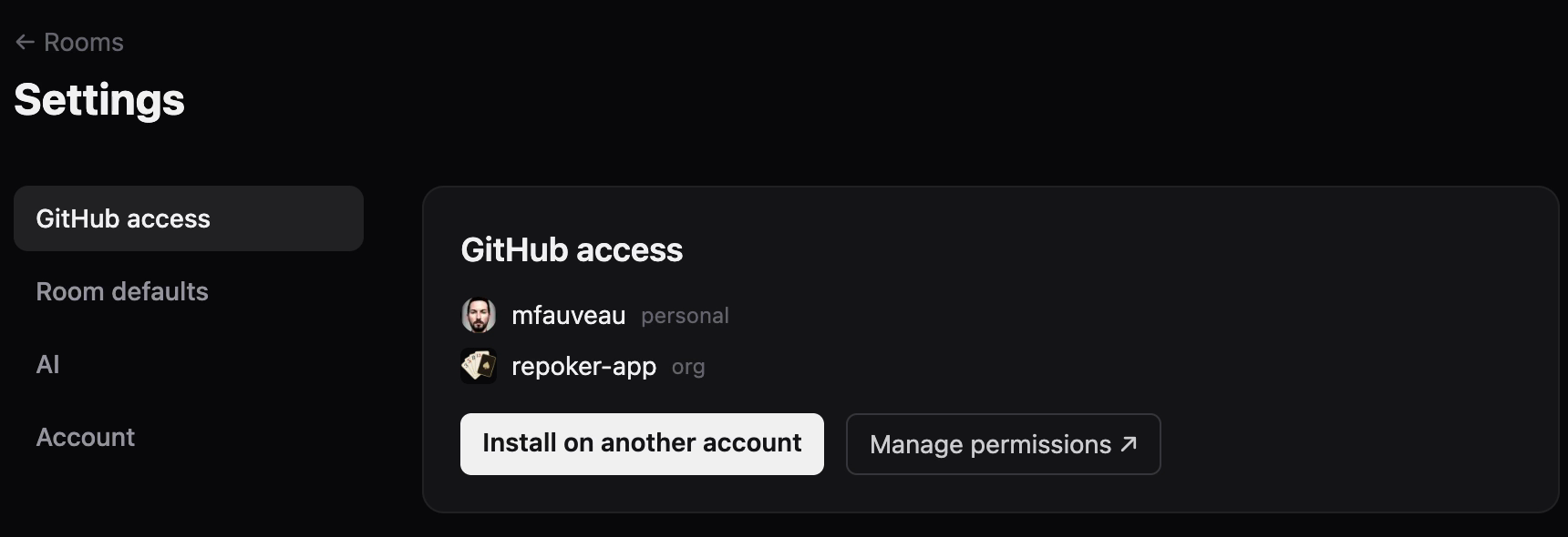 Repoker Settings showing the connected personal and organization accounts