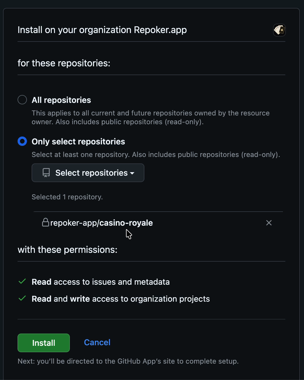 GitHub's install screen for Repoker showing repository selection and permissions