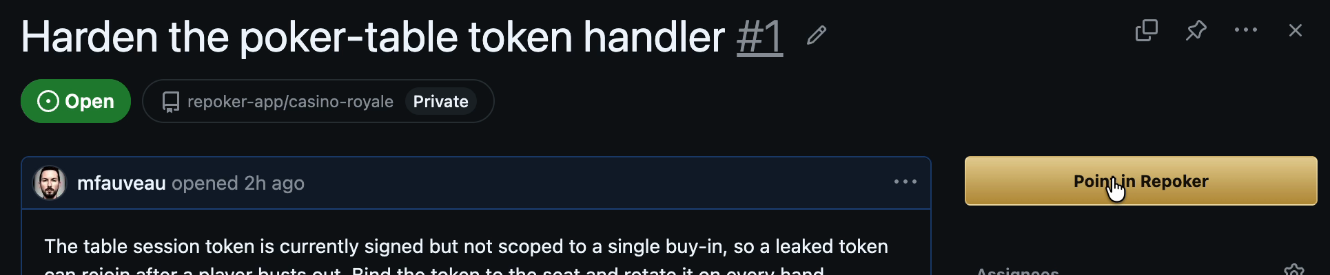 A GitHub issue with the Point in Repoker button in its header