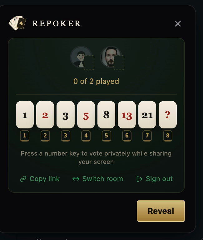 The Repoker panel showing the voting deck